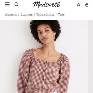 Madewell Gingham Seersucker Square Neck Puff Sleeve Button-Down Blouse